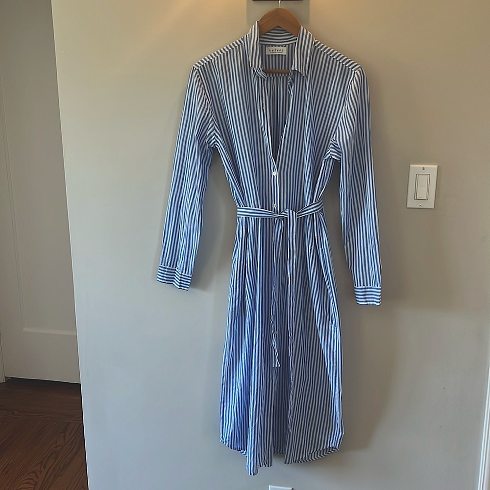Velvet Women's Blue White Striped Midi Shirt Dress - Good Used Medium